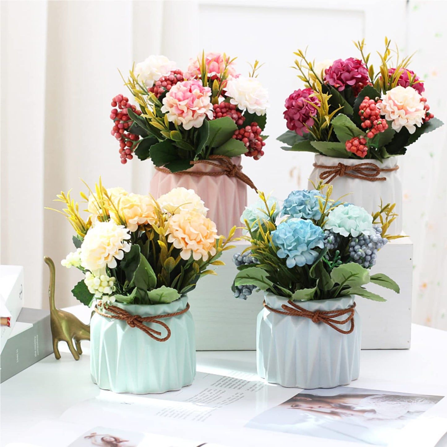 BLOSMON Fake Flowers in Vase for Centerpieces: 4 PCS Small Artificial Hydrangea with Vase Table Decor - Faux Floral Arrangements Desk Home Party Bathroom Office Decorations
