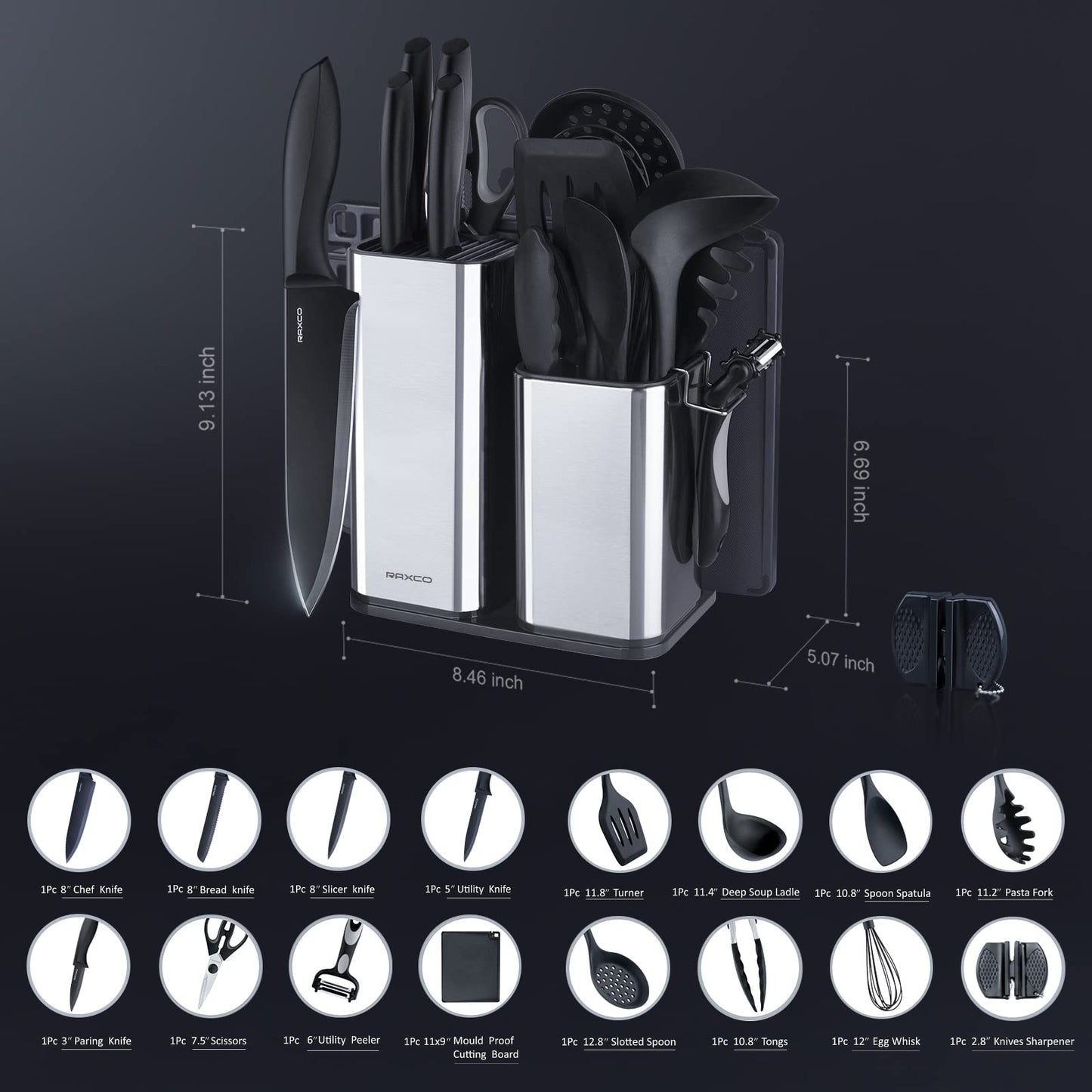 RAXCO Kitchen Utensils Set,18-Piece Cooking Tools and Sharp Knives,Stainless Steel Holder and Cutting Board