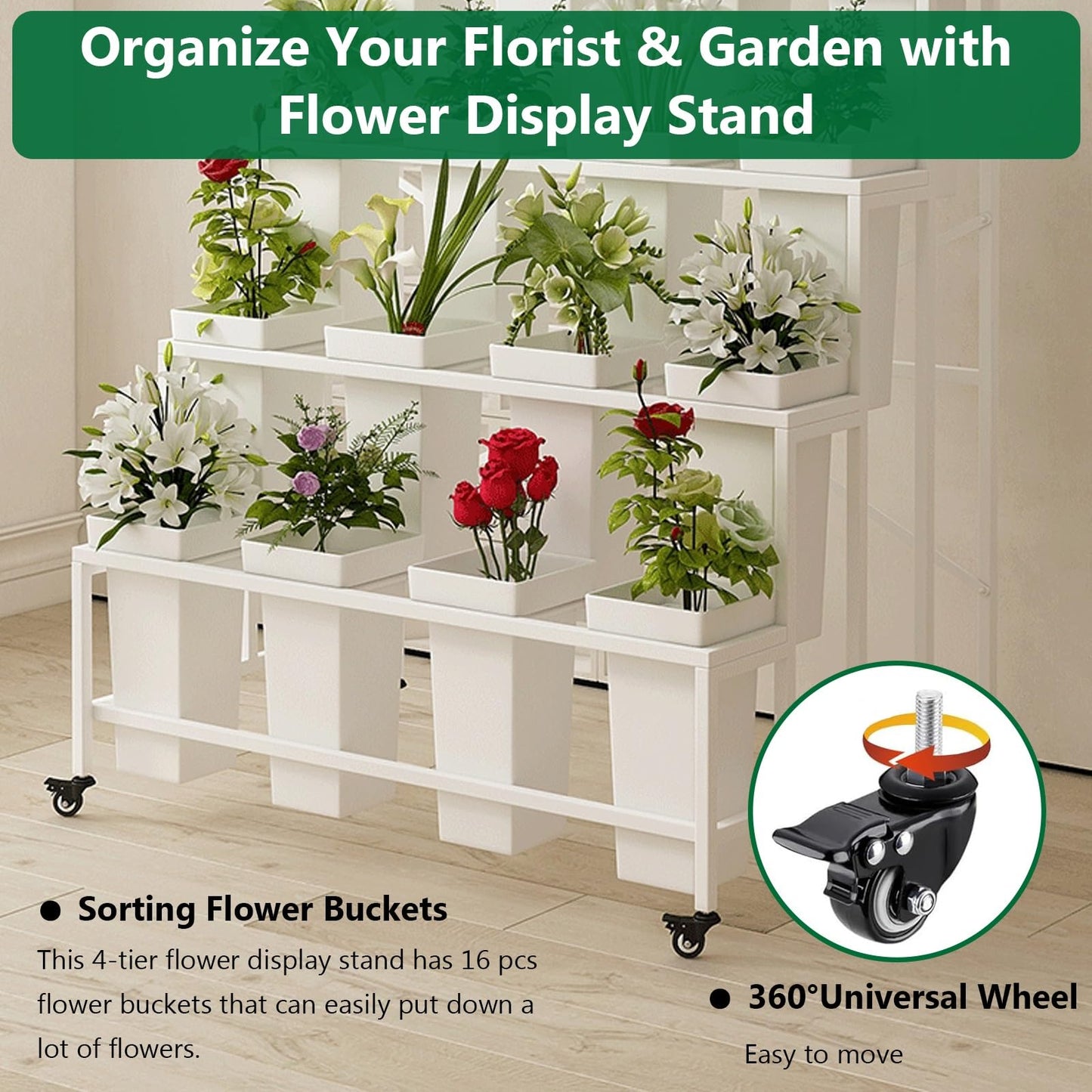 OMKUOSYA 4 Tier Flower Display Stand, Indoor And Outdoor Metal Flower Stand With Wheels, Plant Stand With 16pcs Buckets For Florist Garden Patio(Gold rack and black barrel)