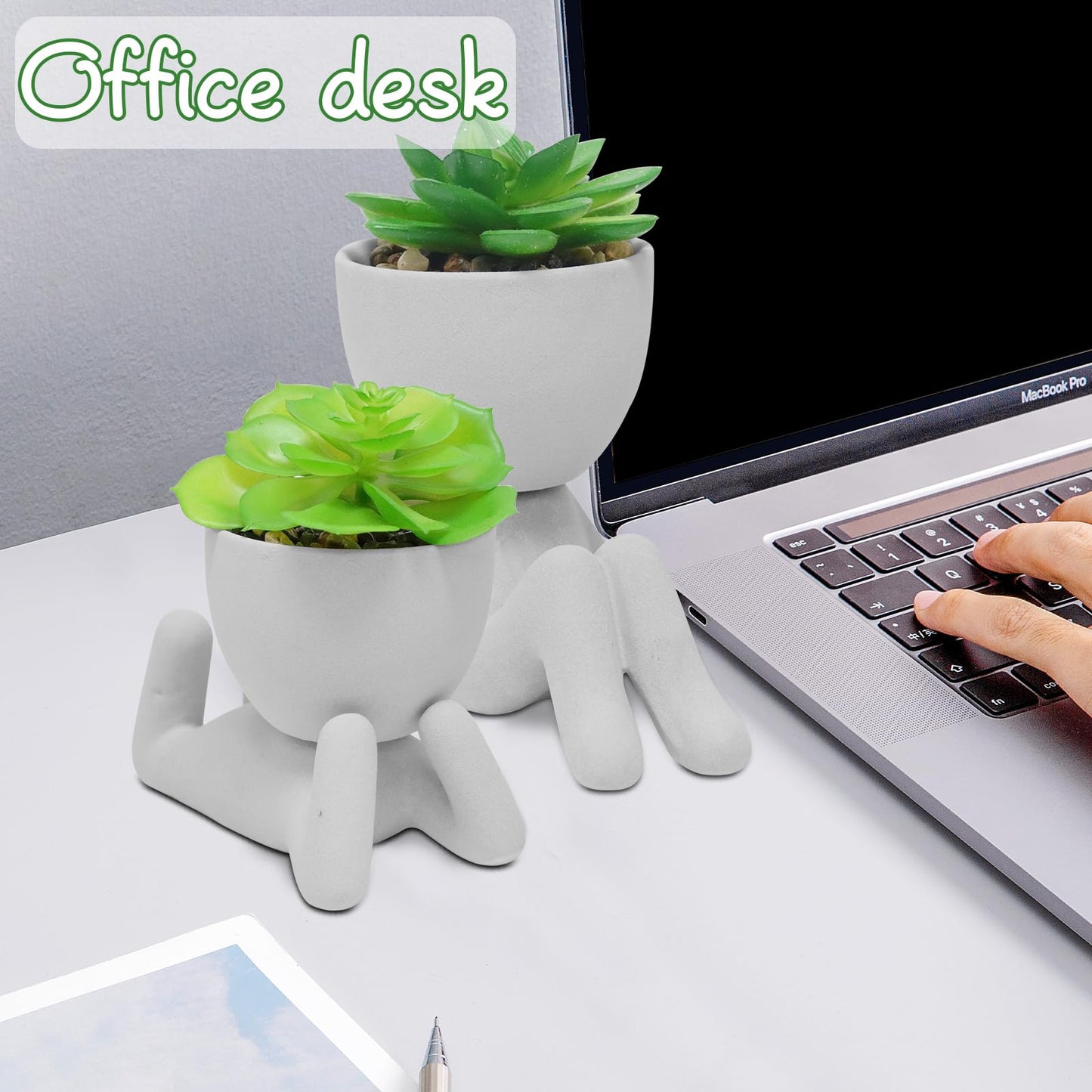 Zerzsy 2PCS Cute Artificial Succulent Plants with Creative Human Shaped Pots, Desk Decoration Artificial Plants Indoor for Home and Office Decor(Cement Gray)