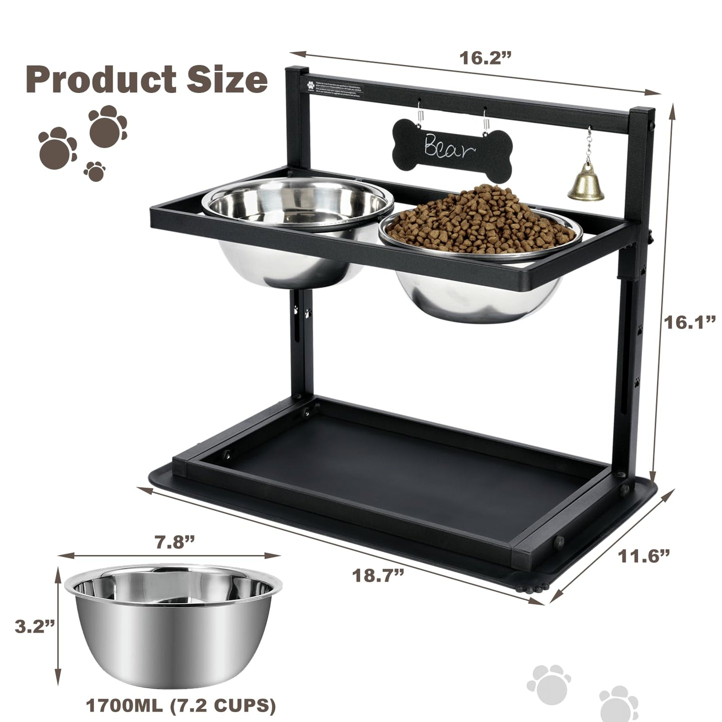 Elevated Slow Feeder Bowls for Large Dogs - Adjustable Height, 2 Stainless Steel Bowls, Spill-Proof Mat - Great for Medium Dogs Too (Black)