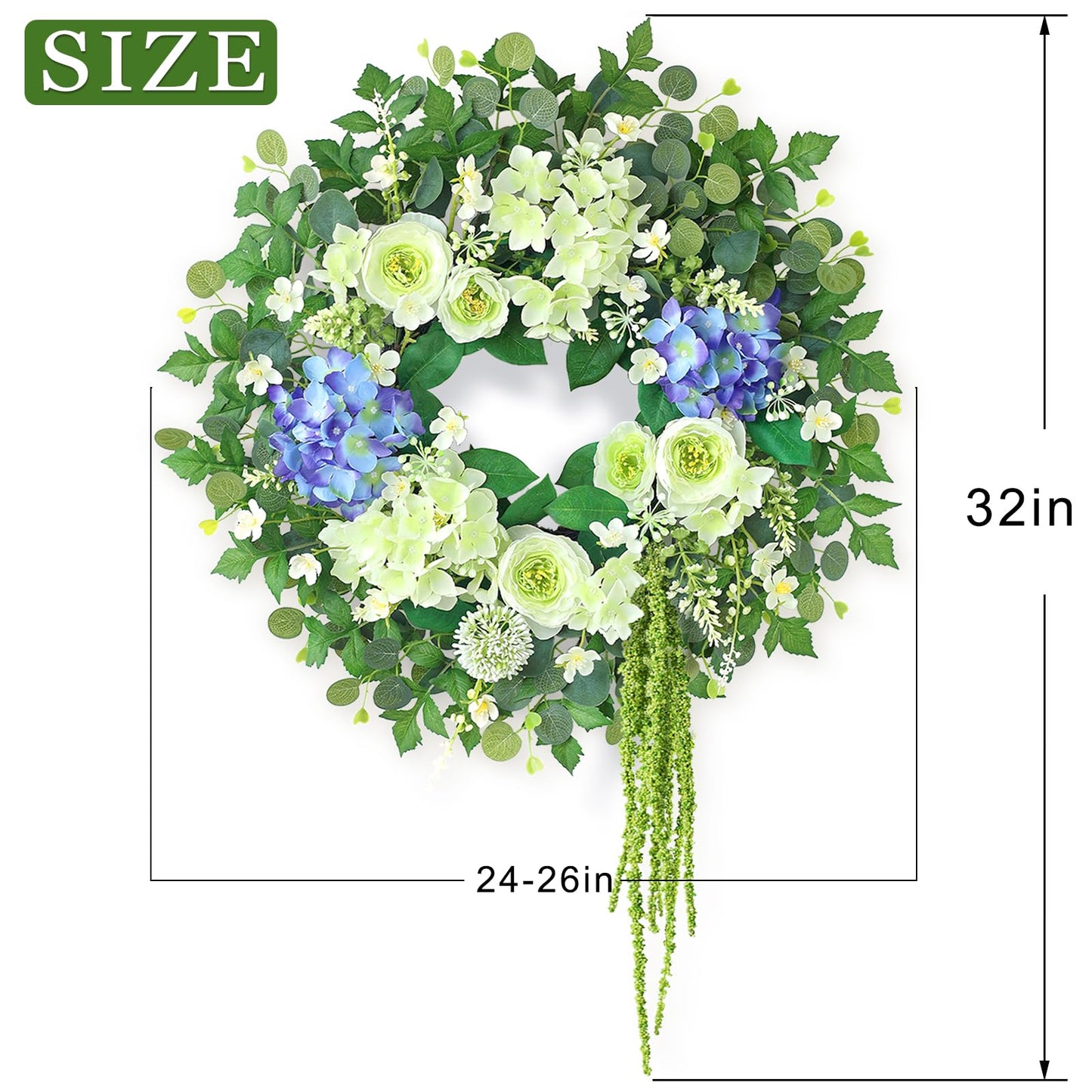 26" Hydrangea & Eucalyptus Wreath for Front Door, Porch, Window - Large Artificial Silk Flowers Outdoor Wreath for Home, Farmhouse, Wedding Decor - Spring, Summer, All Seasons (White&Purple)