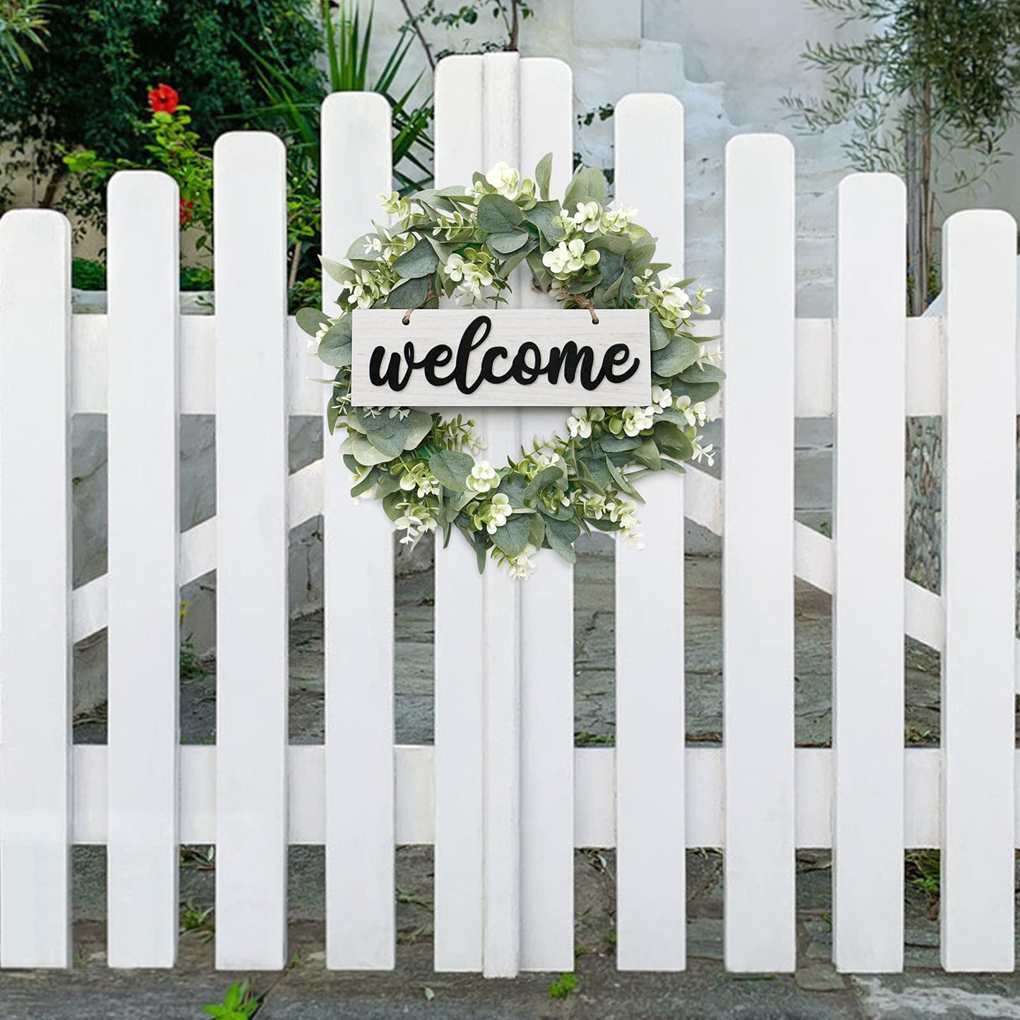 Dremisland 16 Inch Eucalyptus Leaves Wreath,Artificial Green Leaves Wreath with Welcome Sign Board for Front Door Window Farmhouse Garden Festival Celebration Home Decoration (White)