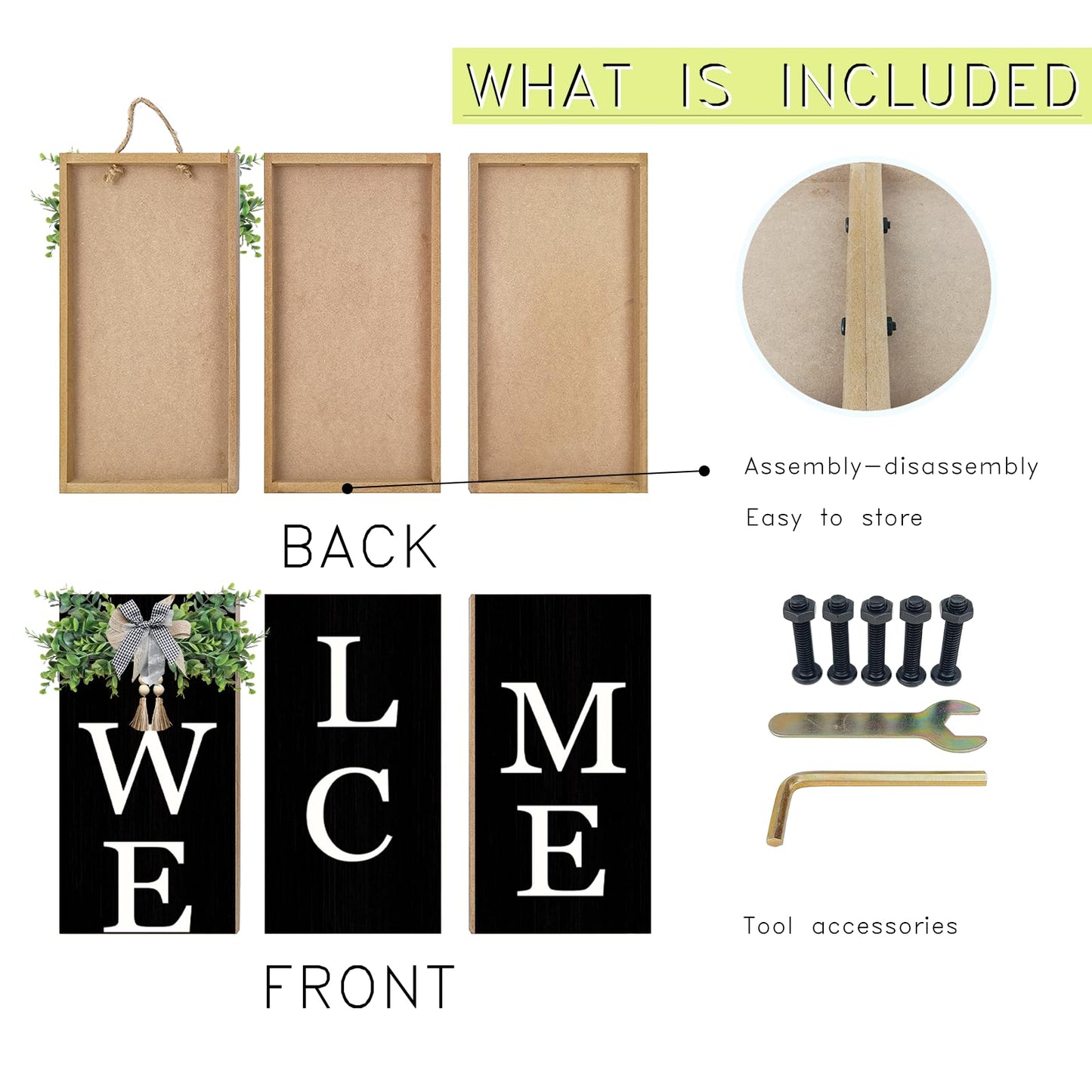 Interchangeable Welcome Sign for Front Porch Standing 47"X8" Outdoor Large Wood Frame with 12 Pcs Designed Icons Leaner Vertical Tall Outside Welcome Sign for Front Door Decor (Black)