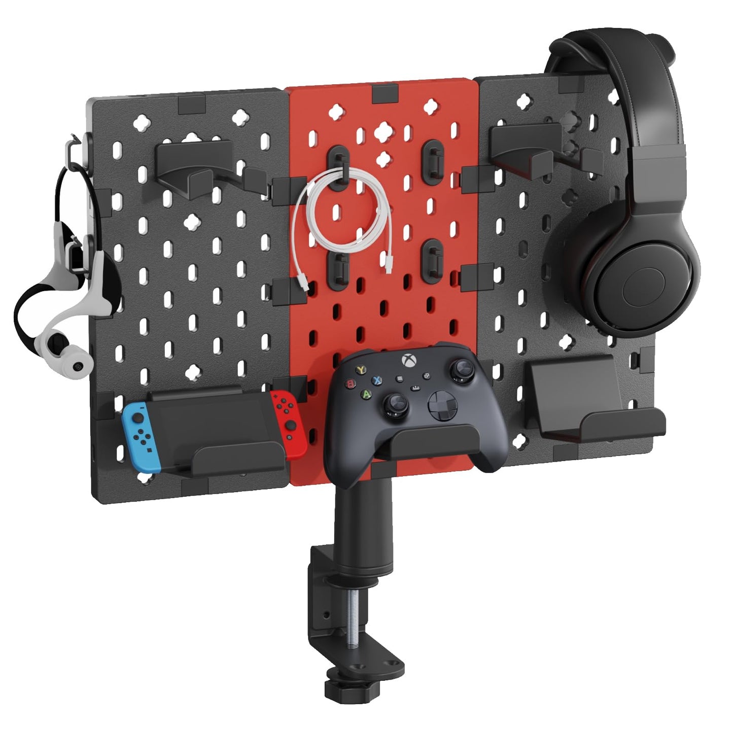 PEGZONE Modular Headphone and Controller Holder for Game, Clamp-on Pegboard, Rotatable Controller Stand with Cable Hooks, Gaming Accessory for Xbox PS5 PS4 Nintendo Switch, 3Pcs Pegboard, Red