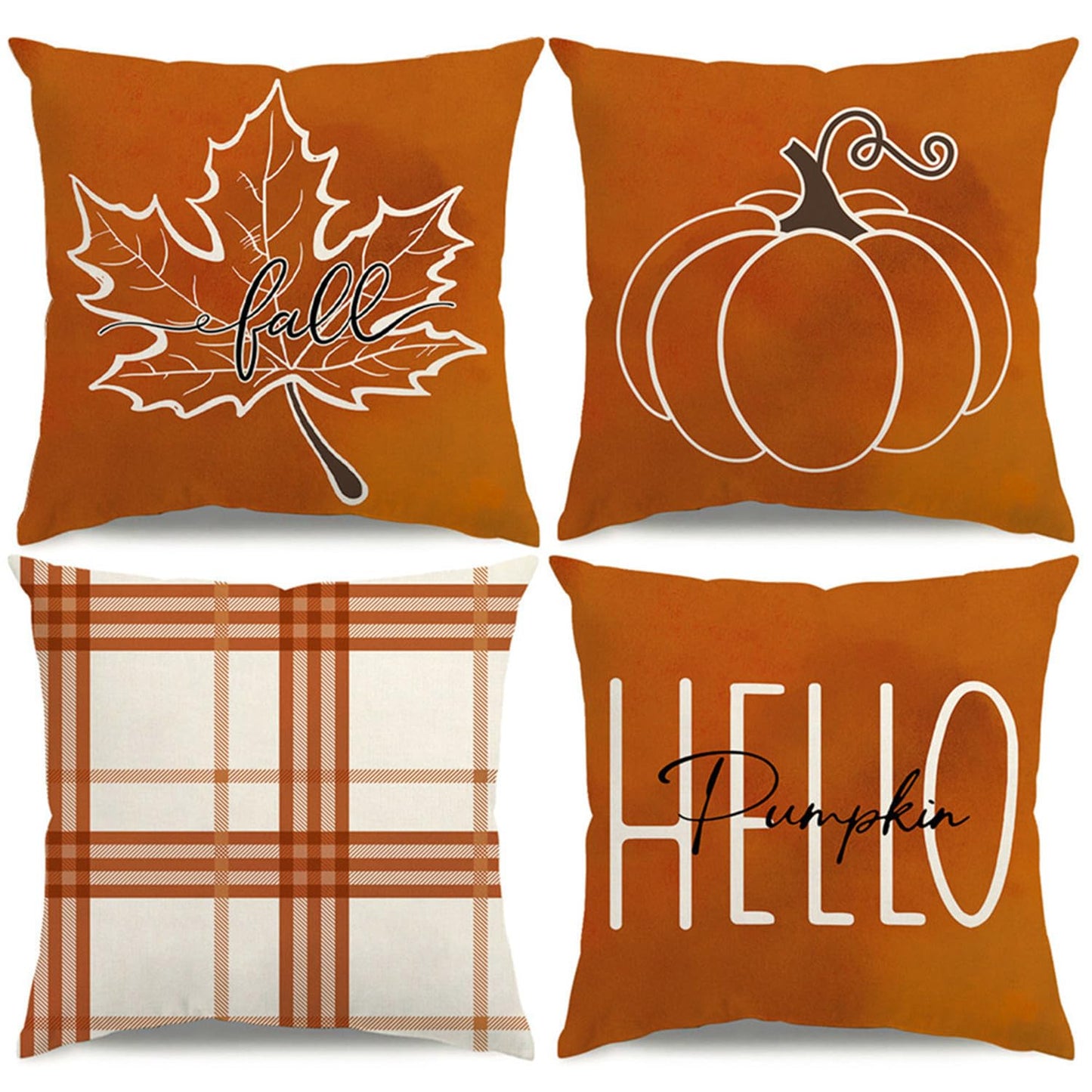 KISVODS Fall Pillow Covers 18x18 Thanksgiving Farmhouse Decorations Maple Leaf Pumpkin Outdoor Fall Decor Throw Pillow Covers Orange Plaid Autumn Harvest Cushion Case for Sofa Couch Set of 4