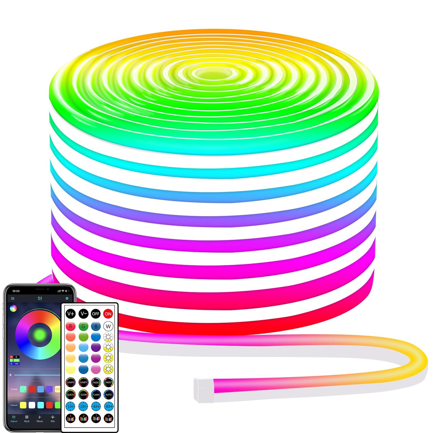 32.8ft LED neon Lights with Remote APP Control IP65 Waterproof Flexible Neon Strip Lights 24V RGB Rope Lights for Bedroom Room Outdoors Décor