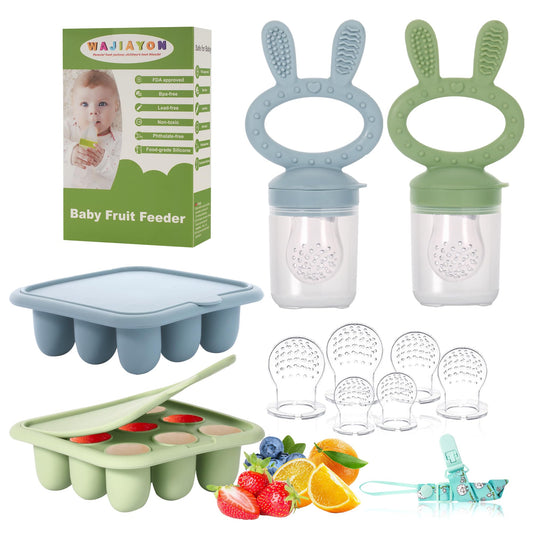 WAJIAYON Easter Bunny Baby Breastmilk Popsicle Molds & Baby Fruit Feeder,Infant Food Freezer Tray Storage Containers, Silicone Teething Pacifier Feeder and Teether for Babies,Moss and Fawn