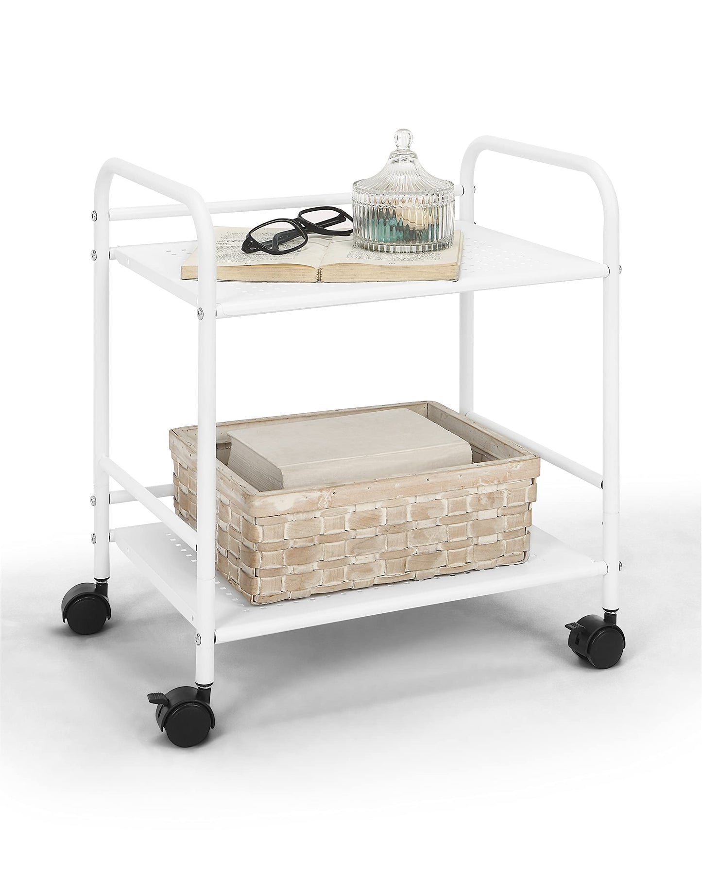 SunnyPoint 2-Tier Metal Rolling Utility Cart – Mobile Storage Shelf with Caster Wheels – Small Space Organizer for Home, Office, Bedroom, Kitchen (WHT)