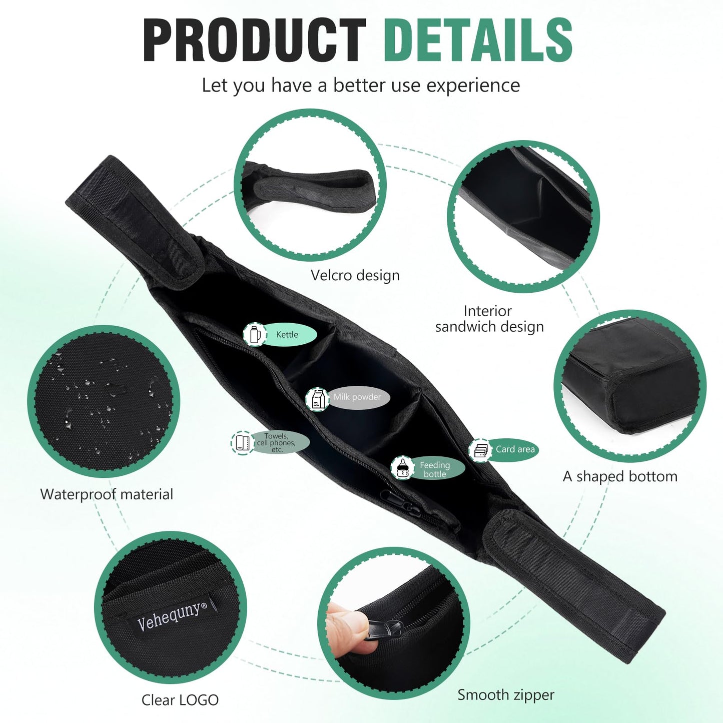 Vehequny Stroller Caddy, Universal Stroller Organizer,600oz Large Storage Stroller Organizer Bag Fits for Uppababy, Baby Jogger, Britax, BOB, Cruz, Minu, G-Series ,Most Strollers