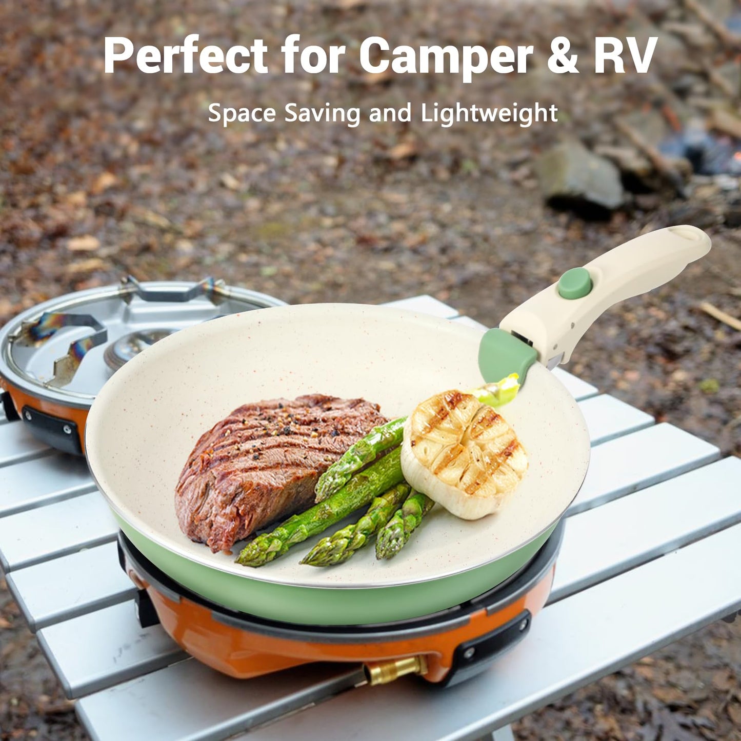 M MELENTA Pots and Pans Set Non Stick, 8pcs Granite Cookware Set, Detachable Handle Pots and Pans, Nonstick Induction Cookware with Removable Handle, Oven Safe RV Cooking Set, Green