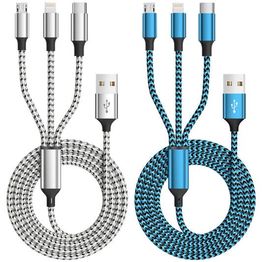 Firsting Multi Charging Cable(2Pack 4FT), 3 in 1 Charging Cable Nylon Braided Universal Charger Phone Charger Cord with Type-C,Micro USB,IP Port for iPhone16/15 Series/Phone&Pad-Blue+Gray