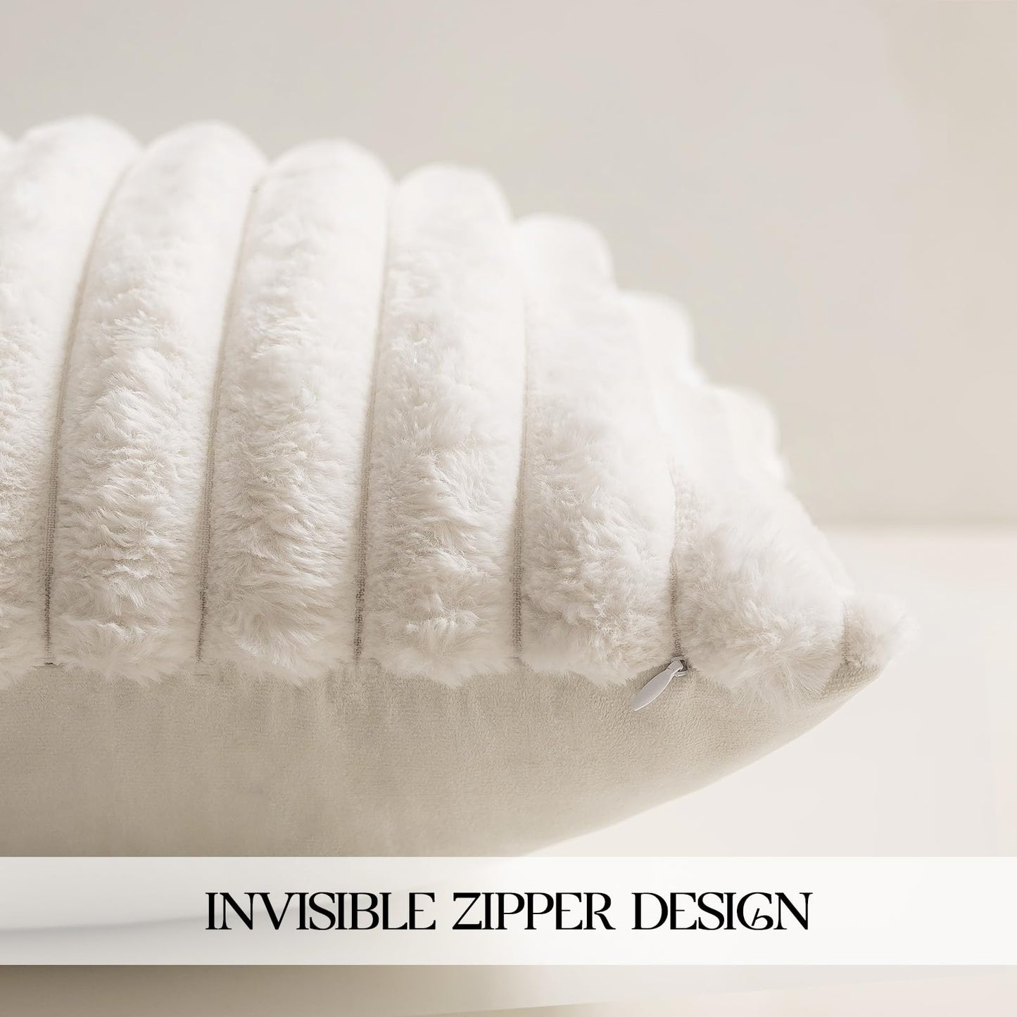 MOSAYT Faux Fur Throw Pillow Covers 18x18, Set of 2, Plush Velvet Soft Pillow Case,Fluffy Striped Decorative Couch Pillow Covers for Sofa, Bedroom, Living Room(White)