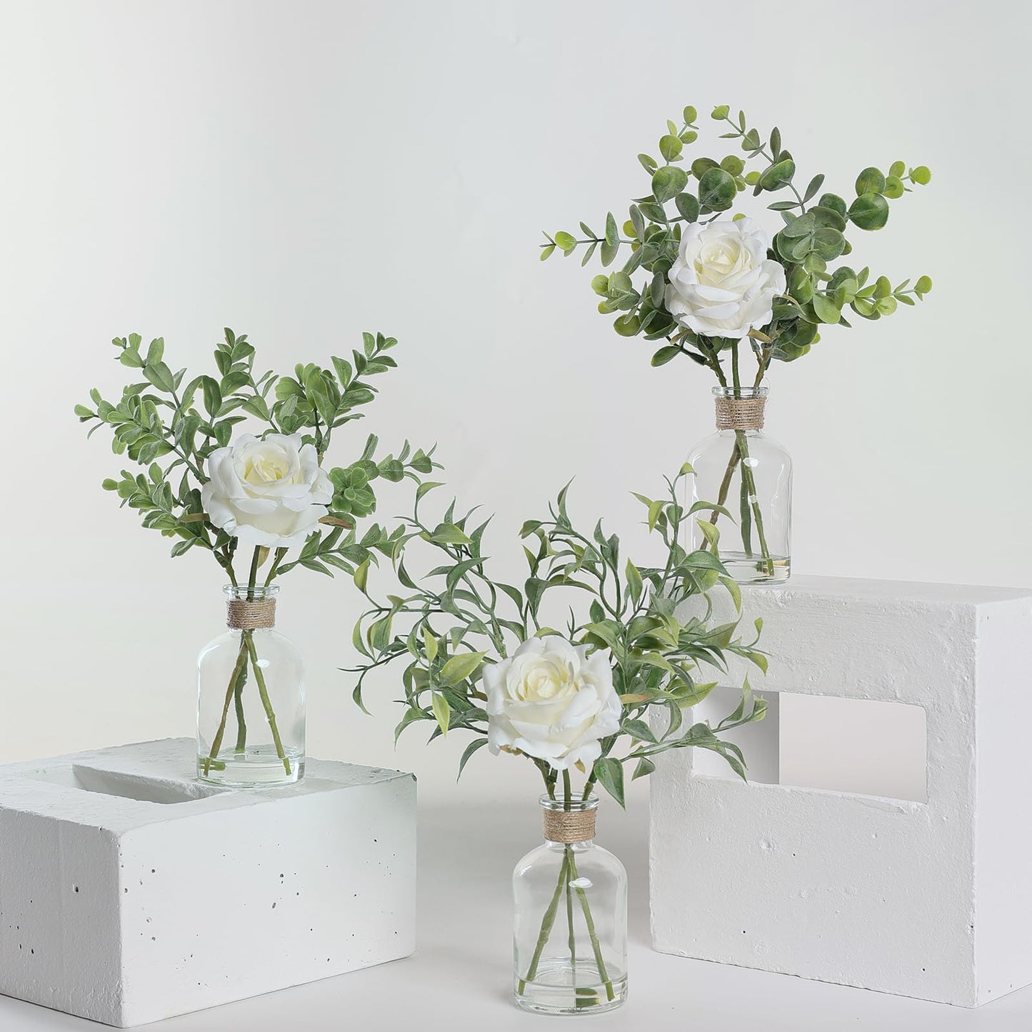 3 Pack Mini Fake Plants and Artificial Flowers with Faux Water in Vase,Silk Roses and Eucalyptus with Fake Water in Glass Vase for Centerpiece Table Decorations Kitchens Office Home decor (White)
