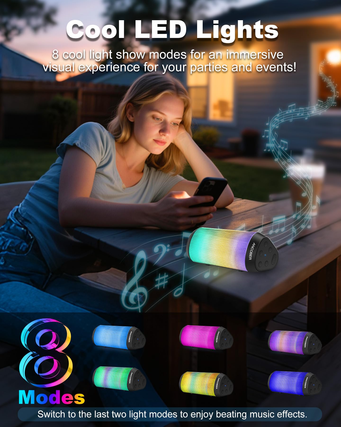 Bluetooth Speaker, Portable Wireless, 15W Stereo Sound, IPX4 Waterproof, with Cool Lights, TWS Pairing, BT5.3/AUX IN, for Outdoor/Indoor/Party/BBQ/Shower, Electronics Gadget, Holiday Birthday Gifts