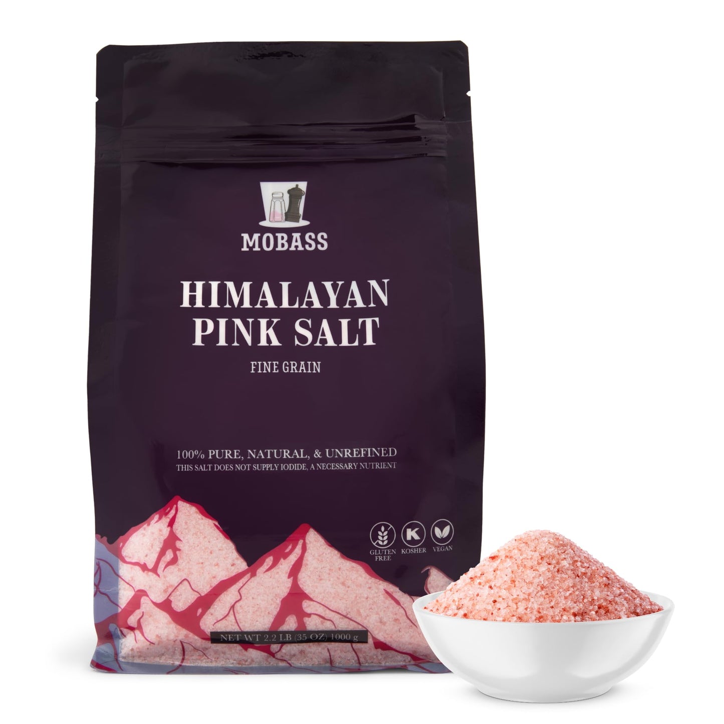 Mobass Himalayan Pink Salt – 2.2 lbs (35.2 oz) Fine Grain Resealable Pouch | 100% Natural & Unrefined | Rich in 84+ Trace Minerals | Ideal for Cooking, Bath Soaks, and Wellness