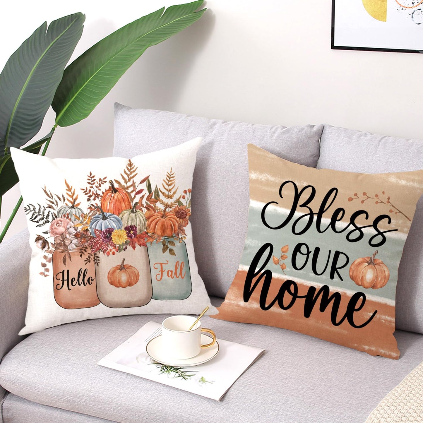 Gujiahone Fall Decorative Pillow Covers 18 x 18 Inch Set of 4 Bless Our Home Hello Fall Pumpkin Flowers Mason Jar Autumn Thanksgiving Farmhouse Decoration for Sofa Couch Living Room