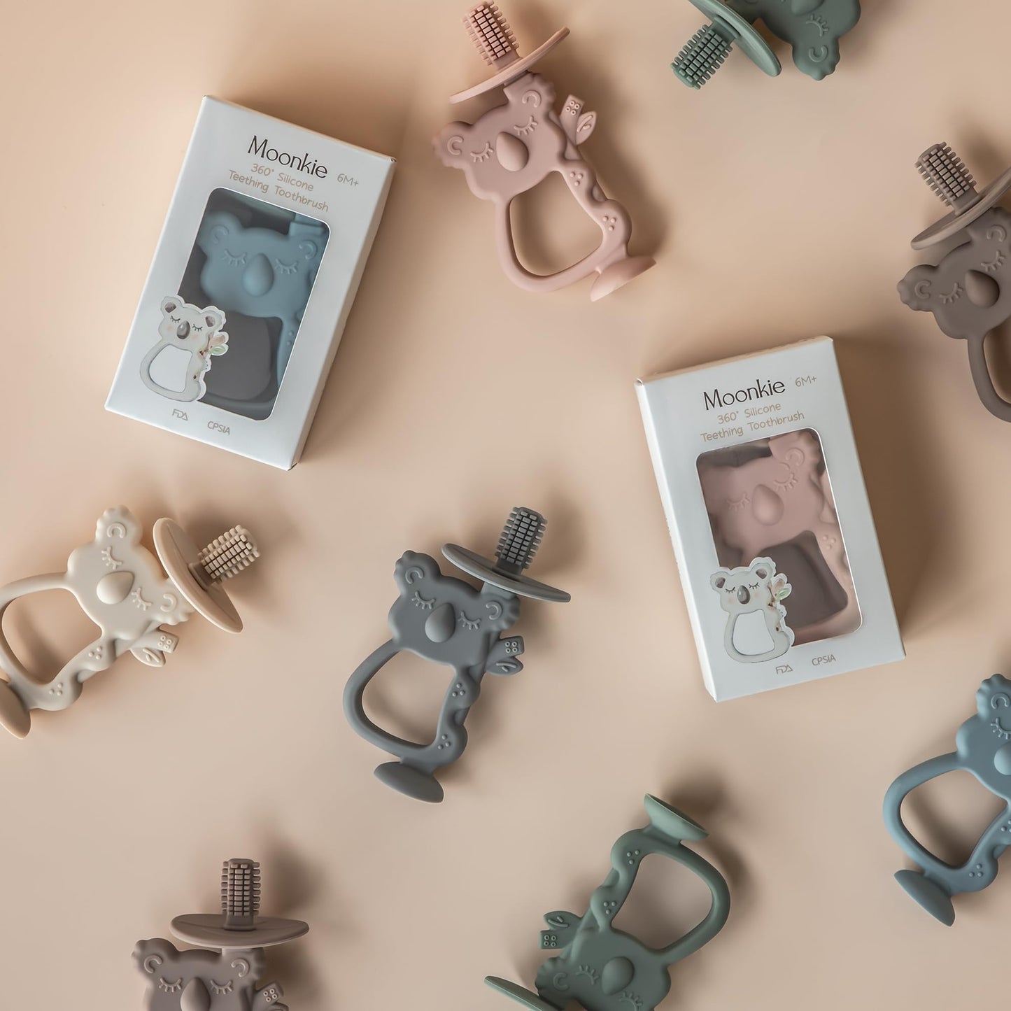 Moonkie Teething Toy, Safe & Easy to Hold BPA Free Silicone Teethers, 360° Baby Toothbrush with Suction Base, Teether Toys Best for Babies 6-12 Months (Koala Warm Taupe)