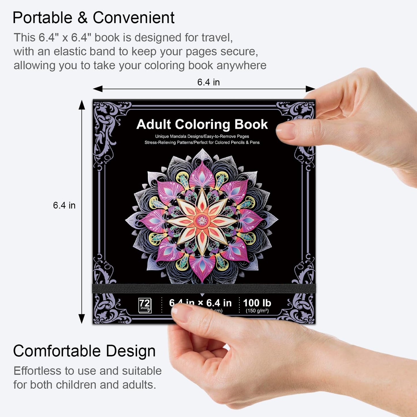 Adult Coloring Book, 72 Sheets Coloring Books for Adults Relaxation, 6.4 x 6.4 Inch, 110lb/150gsm Mandala Designs with Detachable Pages, Art Essentials for Calmness, Self-Reflection.