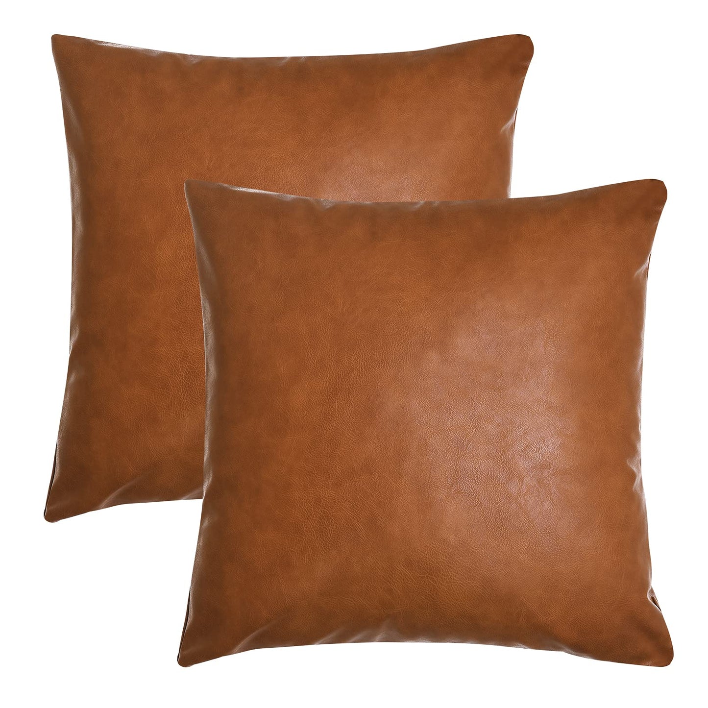 Tosewever Faux Leather Throw Pillow Covers, 16 x 16 inch Set of 2 Luxury Cognac Brown Modern Pillowcases Solid Decorative Square Cushion Cases for Bedroom Living Room Couch Bed Sofa (Brown, 16" x 16")