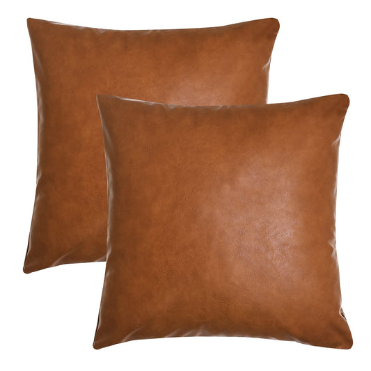 Tosewever Faux Leather Throw Pillow Covers, 16 x 16 inch Set of 2 Luxury Cognac Brown Modern Pillowcases Solid Decorative Square Cushion Cases for Bedroom Living Room Couch Bed Sofa (Brown, 16" x 16")