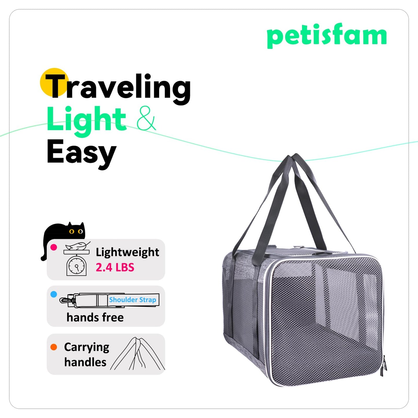 petisfam Soft Pet Carrier Bag for Cats and Puppy Under 20 lbs. Sturdy, Safe, Comfortable and Lightweight