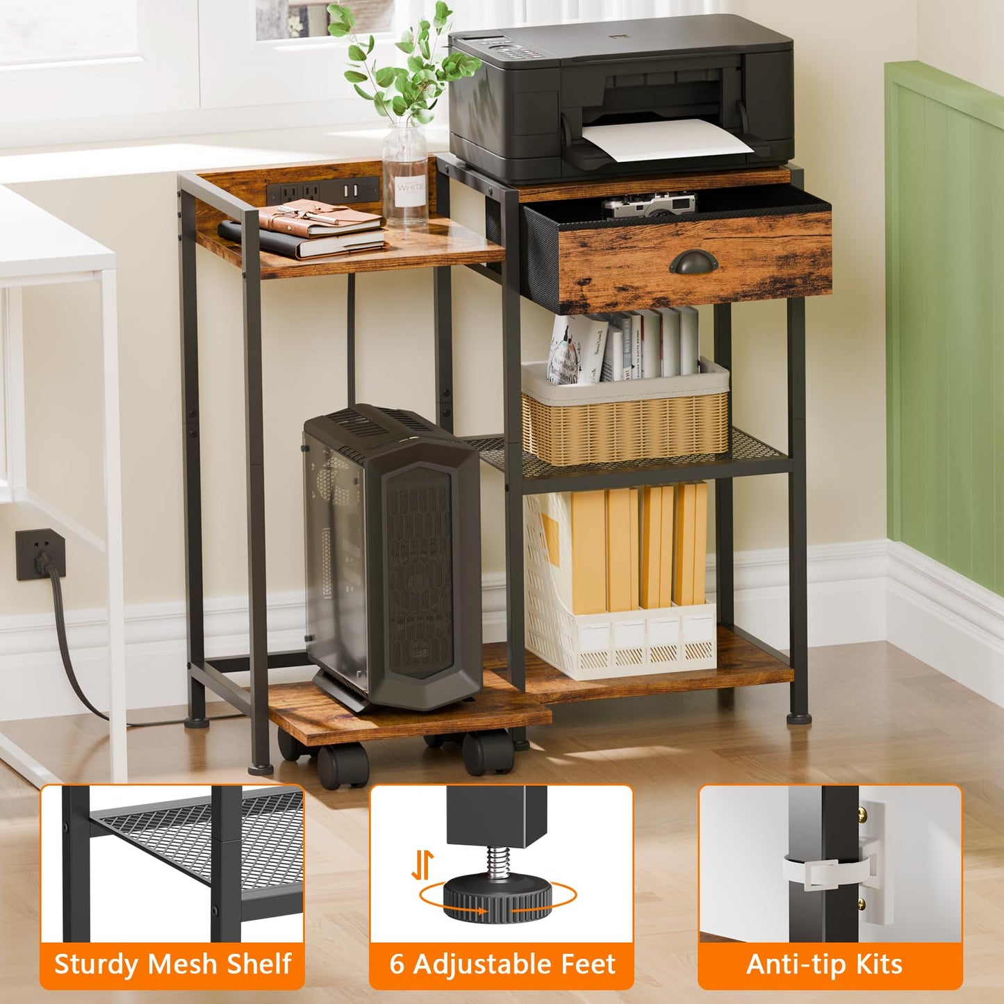 Furologee Printer Stand with Storage Drawer,Printer Table with Charging Station and USB Port,Industrial 3 Tier Shelf, Shredder Stand with Wheels,for Home Office,Rustic Brown