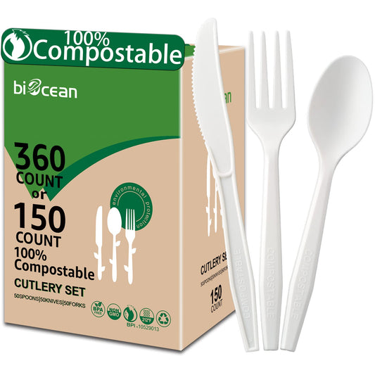 100% Compostable No Plastic Knives Forks Spoons Utensils, The Heavyweight Heavy Duty Flatware is Eco Friendly Products for Lounge Party Wedding BBQ Picnic Camping.