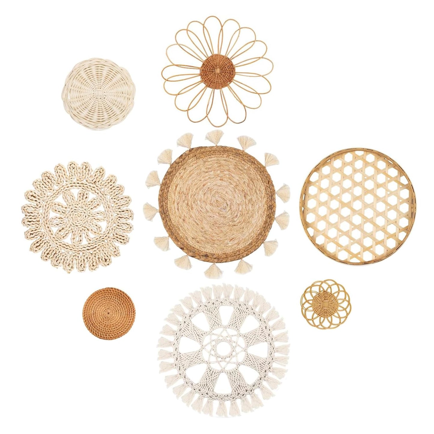 Boho Wall Basket Decor Set of 8 – Handmade Woven Seagrass & Rattan Wall Decor with Macrame Tapestry – Flat Round Boho Wall Art for Living Room, Bedroom, Kitchen, Wedding or Bohemian Wall Display