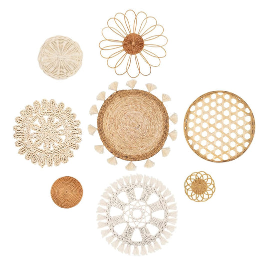 Boho Wall Basket Decor Set of 8 – Handmade Woven Seagrass & Rattan Wall Decor with Macrame Tapestry – Flat Round Boho Wall Art for Living Room, Bedroom, Kitchen, Wedding or Bohemian Wall Display