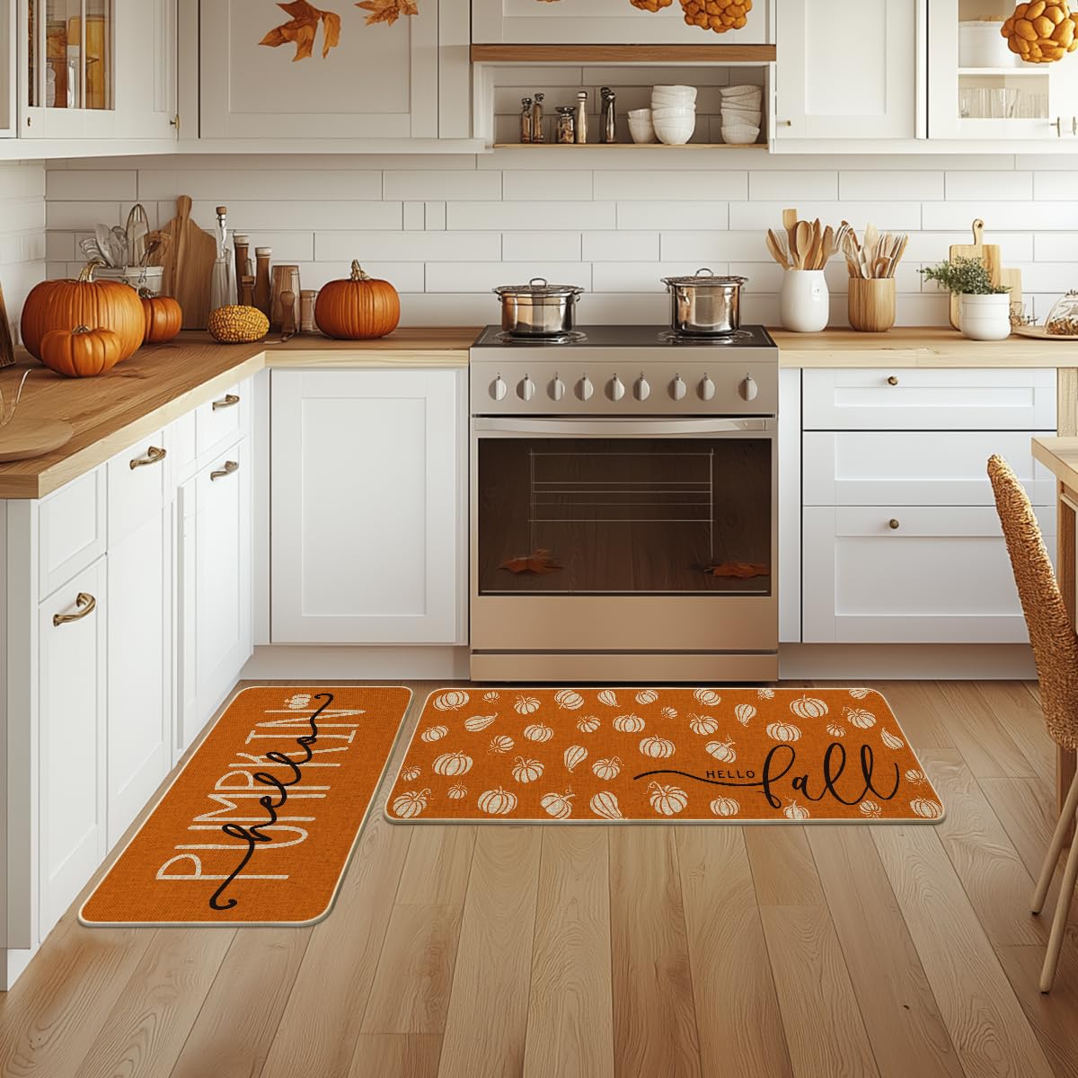 Artoid Mode Orange Hello Pumpkin Fall Kitchen Mats Set of 2, Autumn Home Decor Low-Profile Kitchen Rugs for Floor - 17x29 and 17x47 Inch