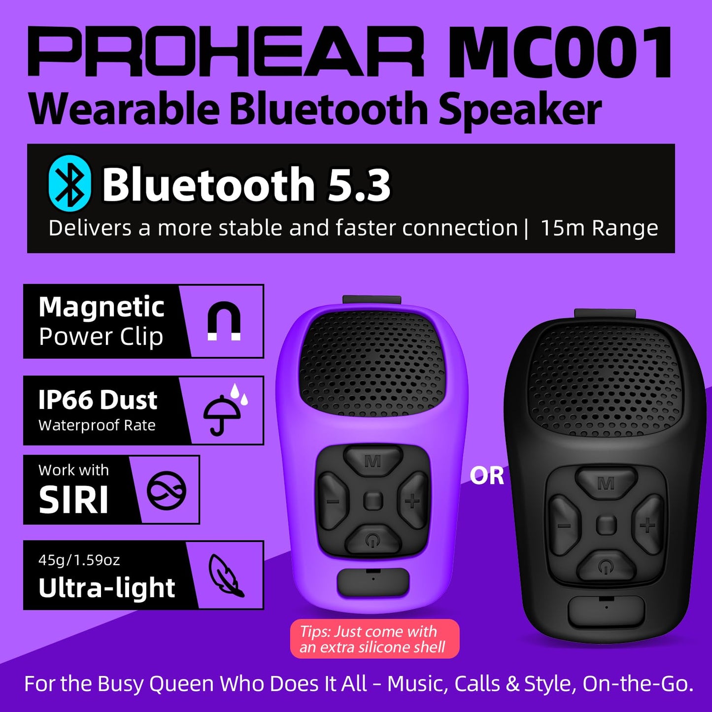 PROHEAR MC001 Wearable Bluetooth Speaker - 45g Portable Small Speaker with Magnetic Clip-On, IP66 Waterproof Certified, Built-in Mic, Voice Assistant for Hands Free Calls, Working Man Gifts(Black)
