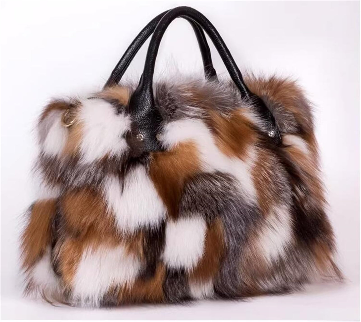 D-01 Luxury Real Fox Fur Handbag For Women Ladies Furry Shoulder Bag Purse Colorful Silver Bags Big Capacity Fashion (One Size, Brown)