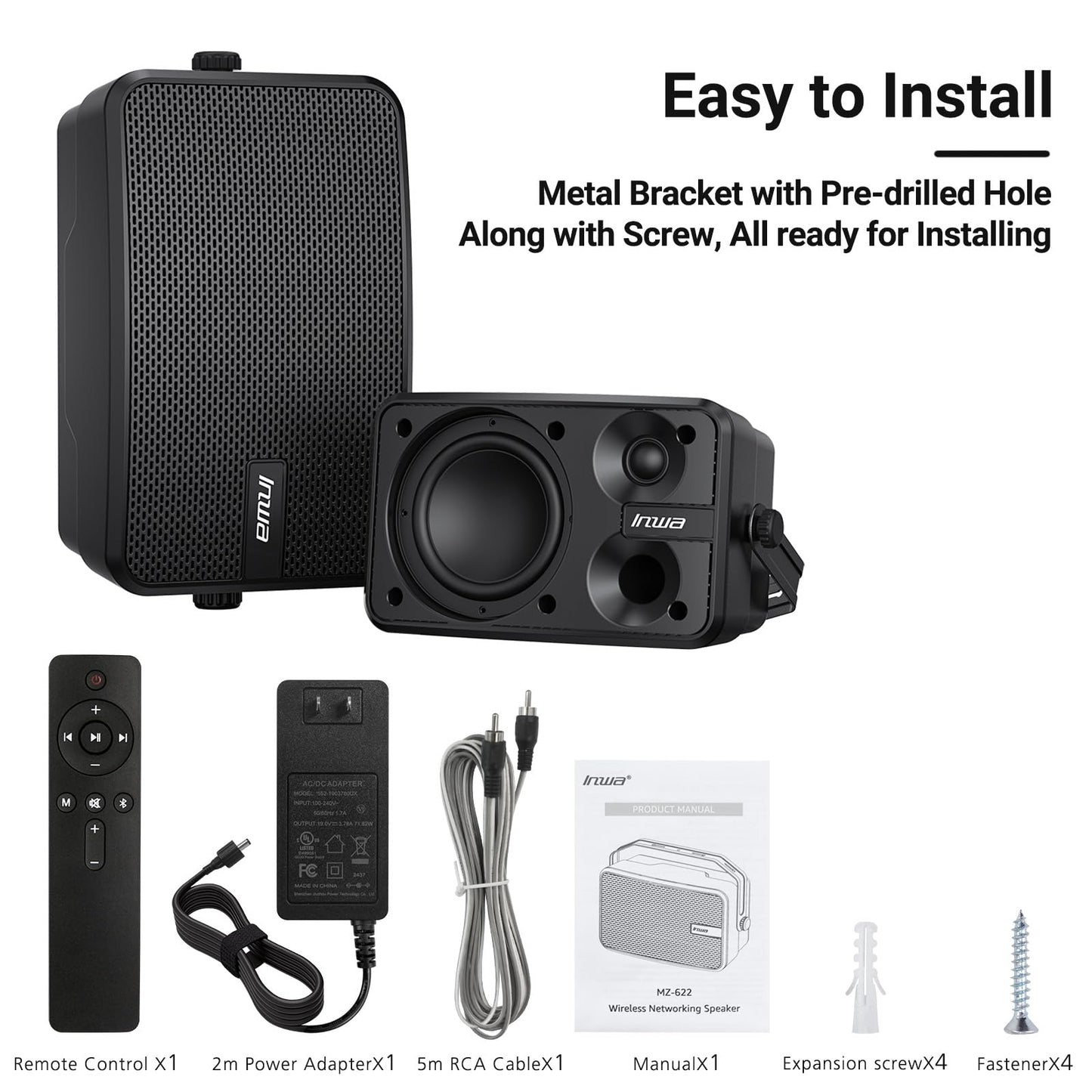 Inwa Outdoor Bluetooth Speakers, 400W Active Passive Wall Mount Speaker, Waterproof Wireless Indoor/Outdoor Stereo Sound Set W/Aux in, Sound System for Patio/Porch/Gazebo/Garage(Pair, Ivory Black)