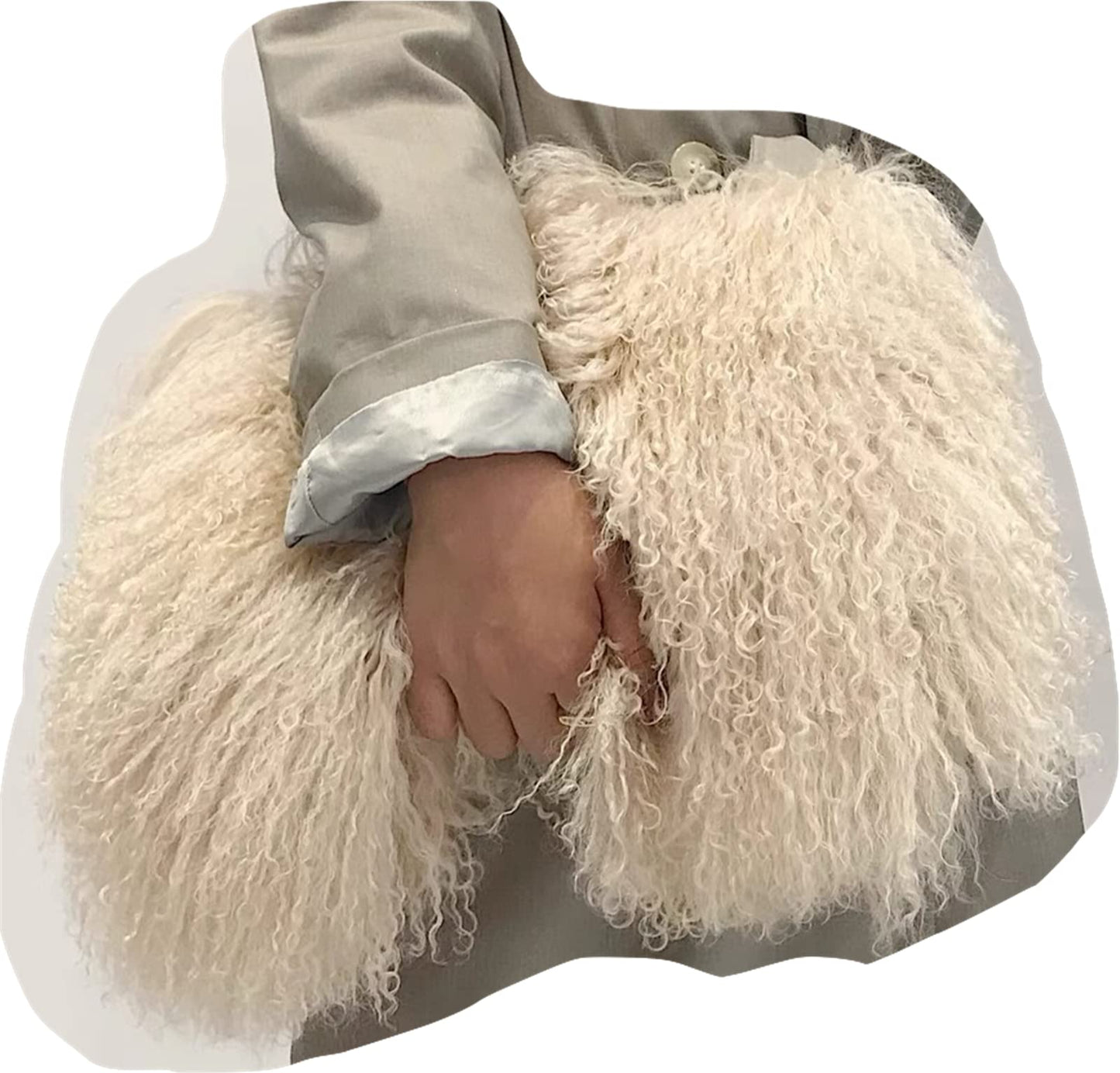 ME-01 Big Fluffy Fur Handbag With Real Mongolian Lamb Fur Long Curly Hair And Long Exchangeable Silver Chain Luxury Shoulder Bag Furry Clutch For Women (One Size, Apricot)