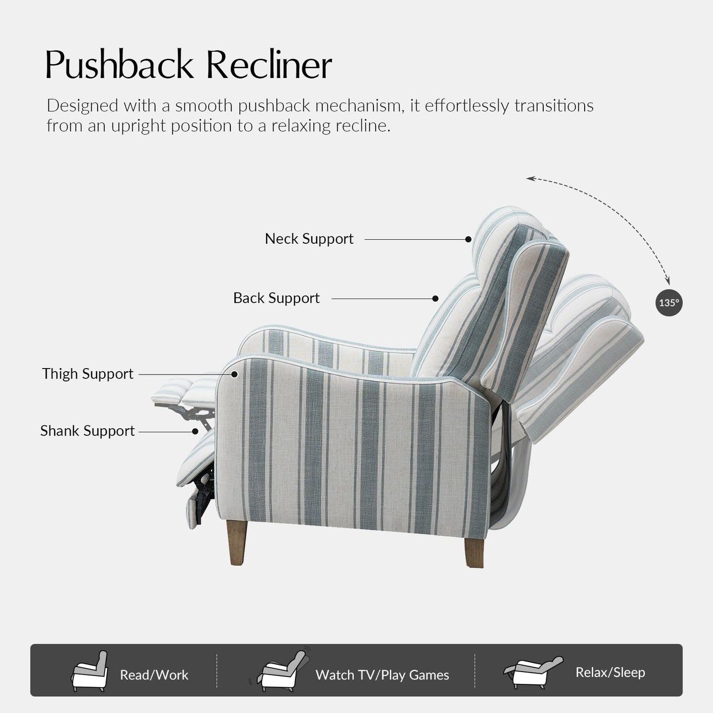 HULALA HOME Pushback Recliner Chair with Solid Wood Legs, Fabric Striped Comfy Upholstered Seating with Footrest, Armchair for Living Room/Reading, Blue
