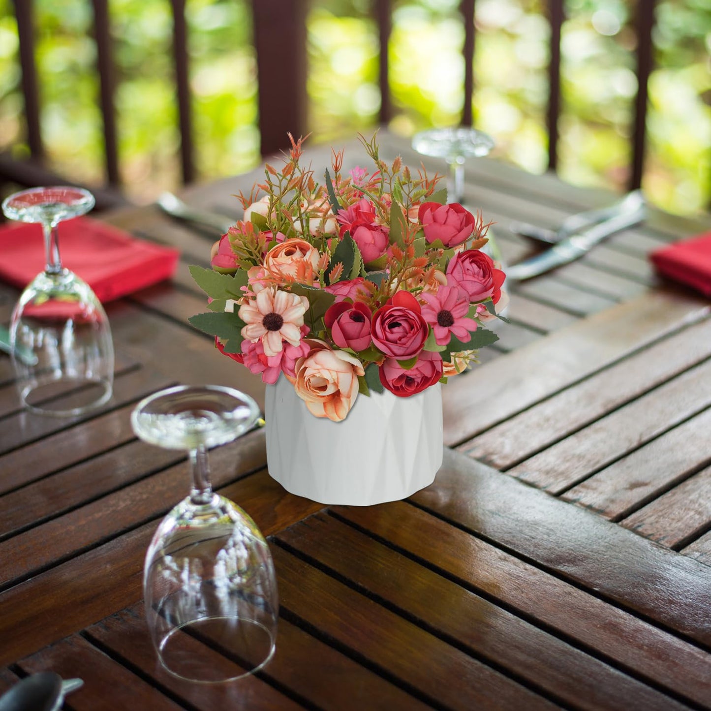 2 Pack Fake Flowers in Vase Small Artificial Faux Plants with Pot Indoor Summer Spring Decor Silk Rose Flowers for Centerpiece Table Decorations Home Office Desk Wedding Decor