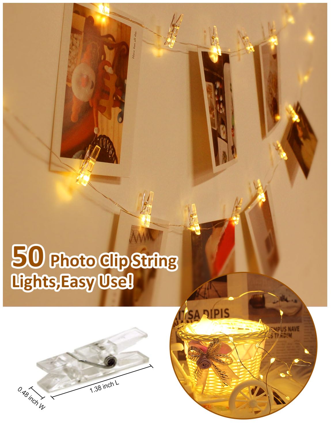Photo Clip String Lights with Remote, 33FT 100 LED Battery Operated String Lights, Waterproof Copper Wire Starry Lights with 50 Clear Clips, Powered Fairy Lights for Teen Girl Gifts Bedroom 8 Modes