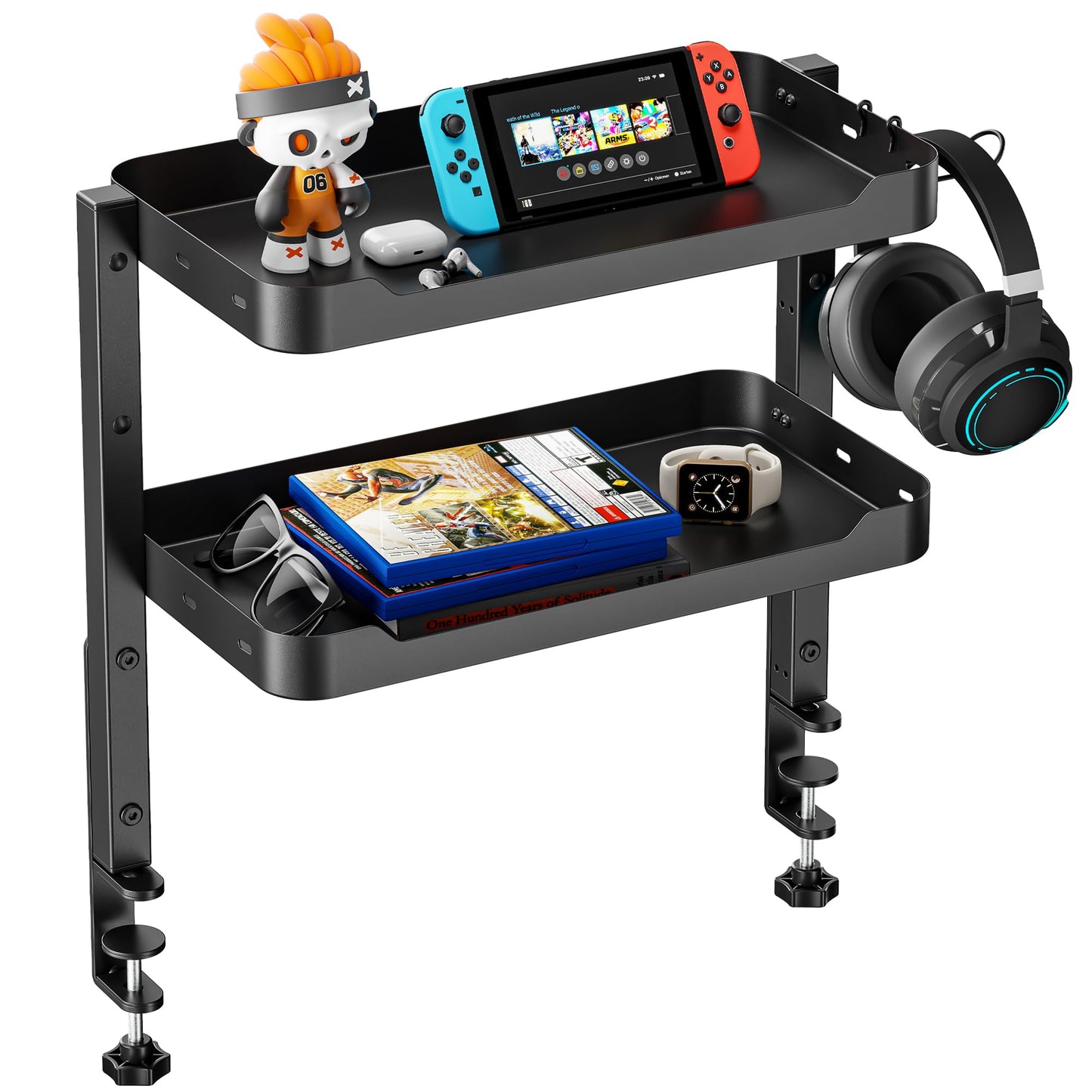 ARES WING 2-Tier Clamp On Desk Shelf, 16 inch Adjustable Above or Under Desk Storage Shelves Holds 44 lbs, Heavy Duty Desktop Organizer with Headphone Holder for Working and Gaming Accessories, Black