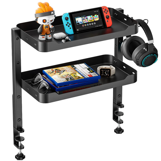 ARES WING 2-Tier Clamp On Desk Shelf, 16 inch Adjustable Above or Under Desk Storage Shelves Holds 44 lbs, Heavy Duty Desktop Organizer with Headphone Holder for Working and Gaming Accessories, Black