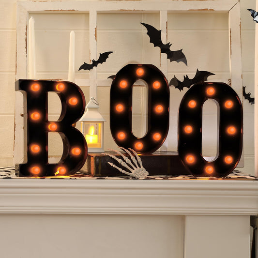 Halloween Decorations-3 LED Marquee Light up Letters "BOO" Sign Halloween Decor for Kitchen Tabletop Fireplace Mantel Party Indoor