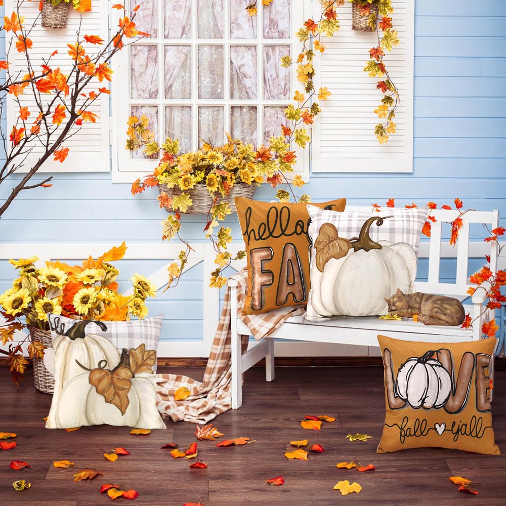 Heirloom Haven Fall Pumpkin Throw Pillow Covers 18x18 Set of 4, Maple Leaves Love Autumn Thanksgiving Harvest Decorative Pillows Outdoor Farmhouse Seasonal Cushion Case for Home Sofa Couch Decor