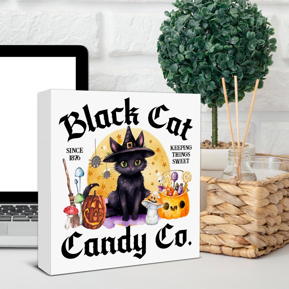Halloween Sign Decor Black Cat Candy Co Wooden Box Sign Halloween Home Kitchen Living Room Decor