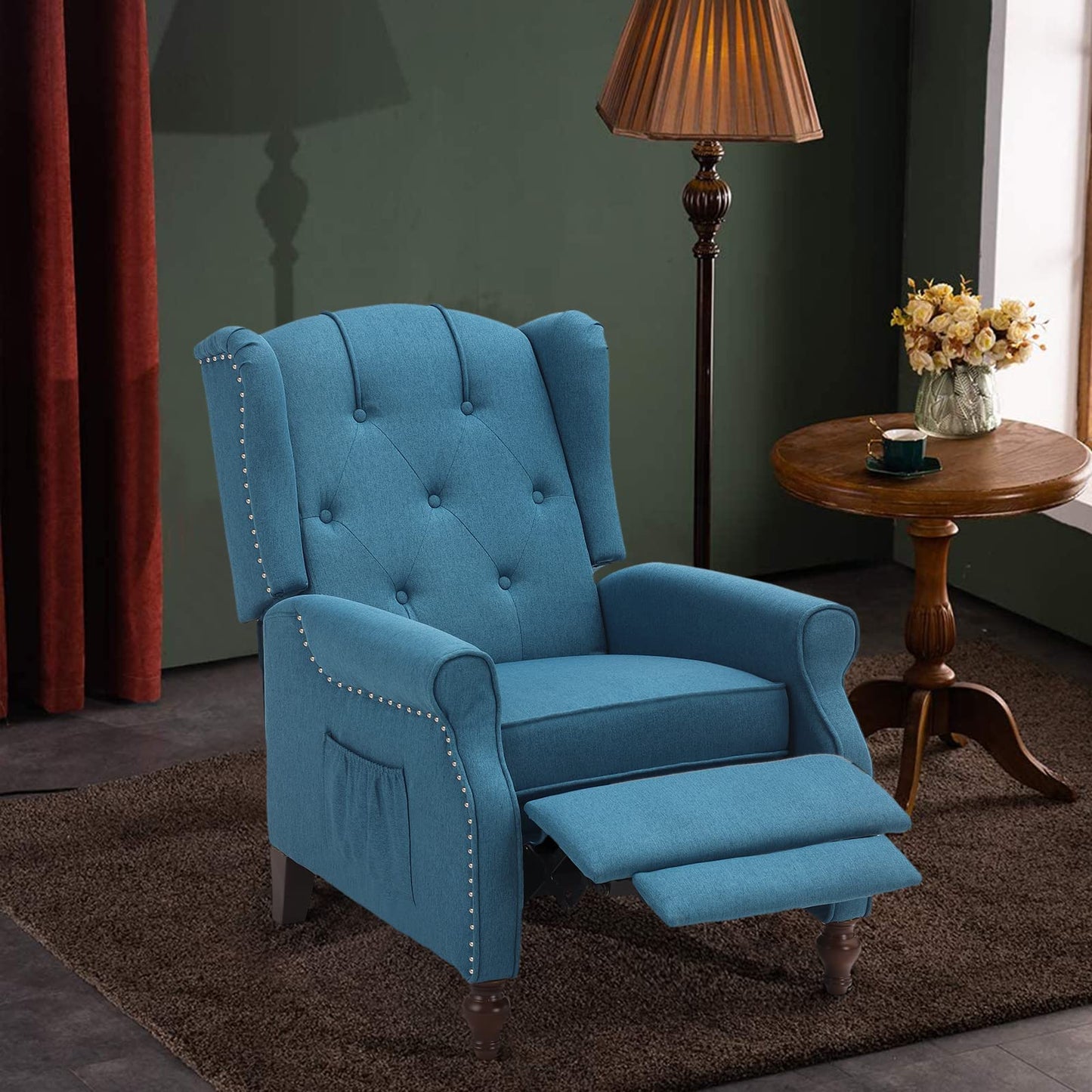 B BAIJIAWEI Wingback Recliner - Tufted Arm Chair With Massage and Heat - Fabric Push Back With Remote Control, Heating Function, Adjustable Backrest (Blue)