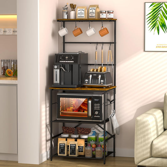 4 Tier Coffee Bar Station, Kitchen Stand with 8 S-Shaped Hooks, Large Space Coffee Station Table, Farmhouse Coffee Bar Shelf, Bakers Rack for for Kitchen, Living Room, 24.41" W x 15.78" D x 57.17" H