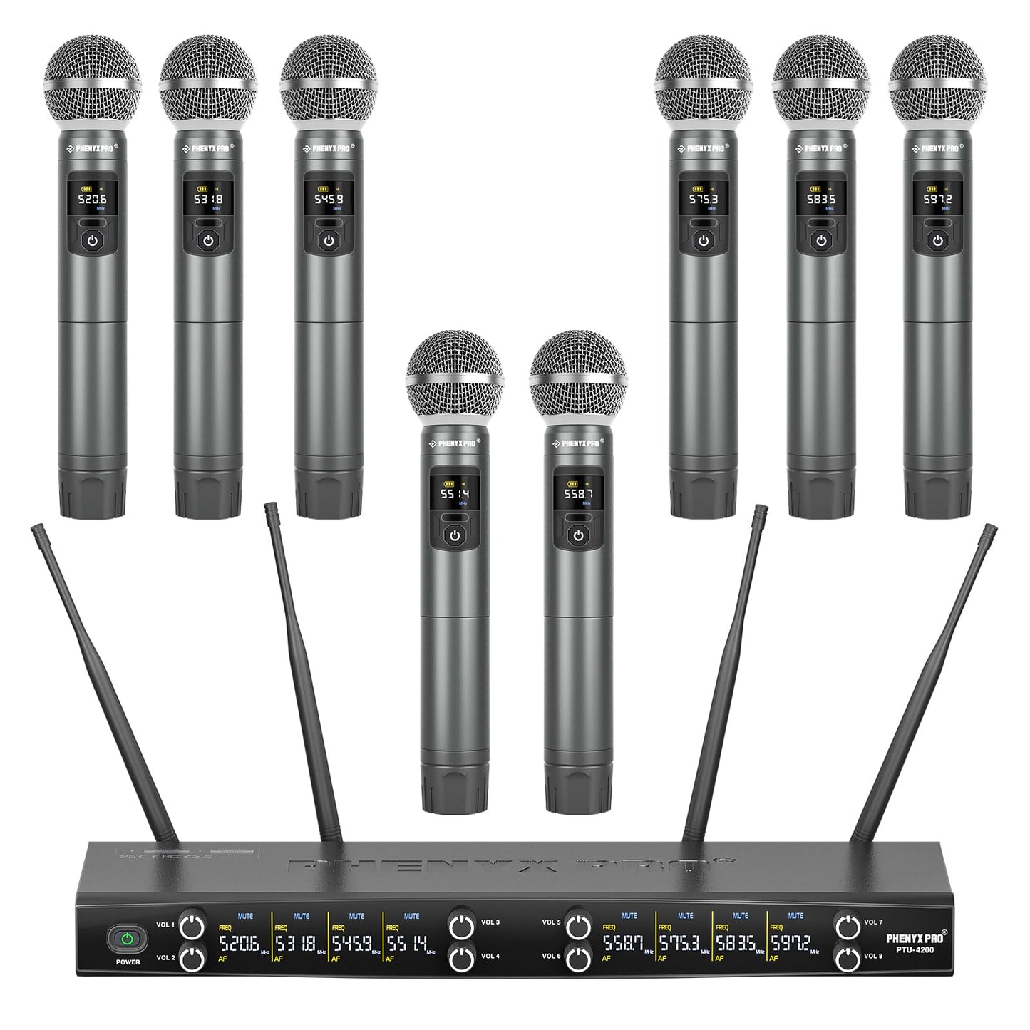 Phenyx Pro Wireless Microphone System, 8-Channel Metal Wireless Mic Set w/ 8 Cordless Mics, 8x20 UHF Frequencies, 200ft Range, Dynamic Microphones for Singing, Karaoke, Church, DJ (PTU-4200-8H)