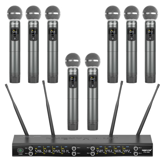 Phenyx Pro Wireless Microphone System, 8-Channel Metal Wireless Mic Set w/ 8 Cordless Mics, 8x20 UHF Frequencies, 200ft Range, Dynamic Microphones for Singing, Karaoke, Church, DJ (PTU-4200-8H)