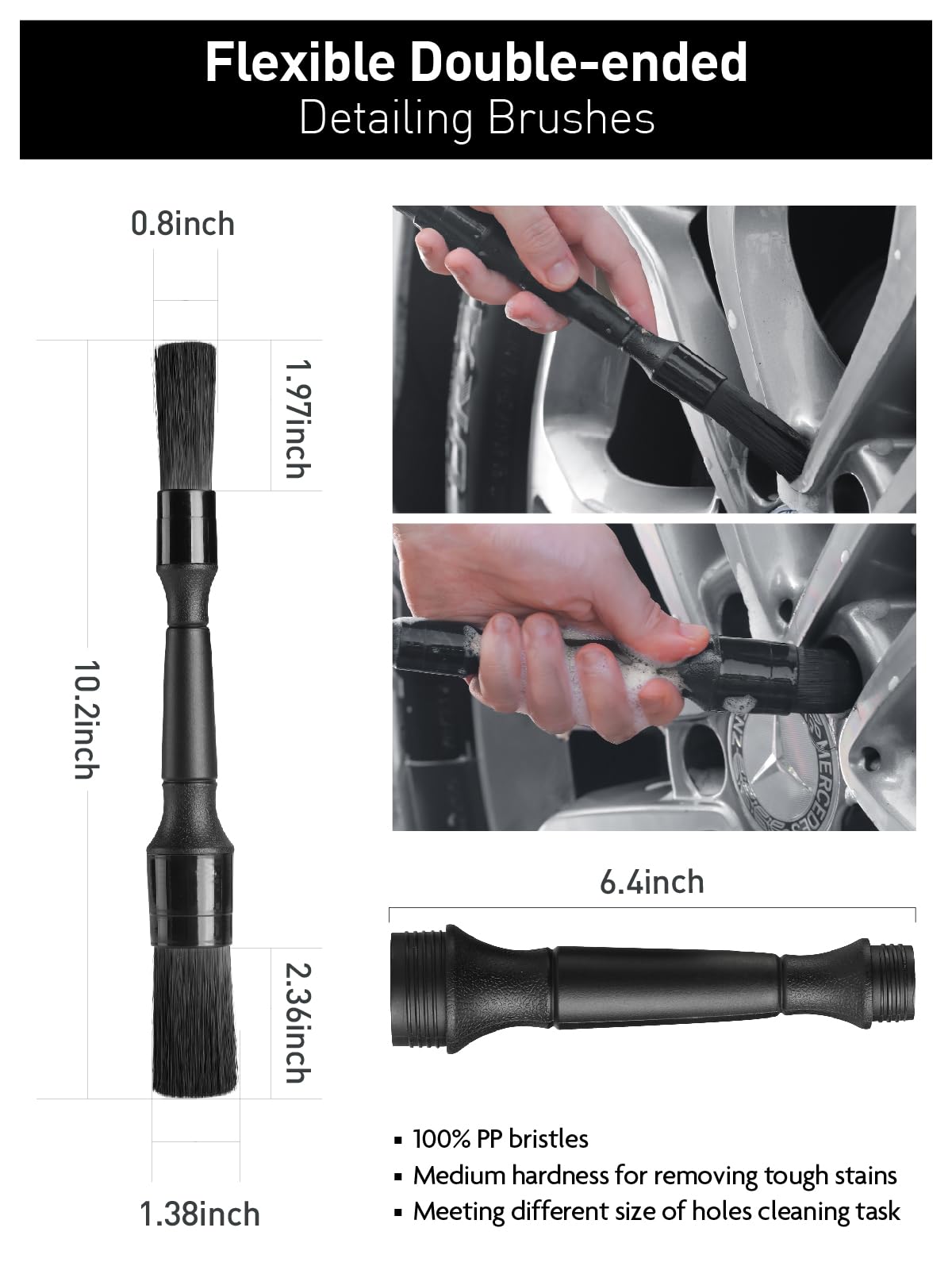 Fantasticlean 6PCS Car Wheel Cleaning Pro Kit, Tire Brush, Soft-bristled Rims Brush, Microfiber Bendable Brush, Double-Ended Detailing Brush, and Detailing Pads, Scratch-Free & Multipurpose