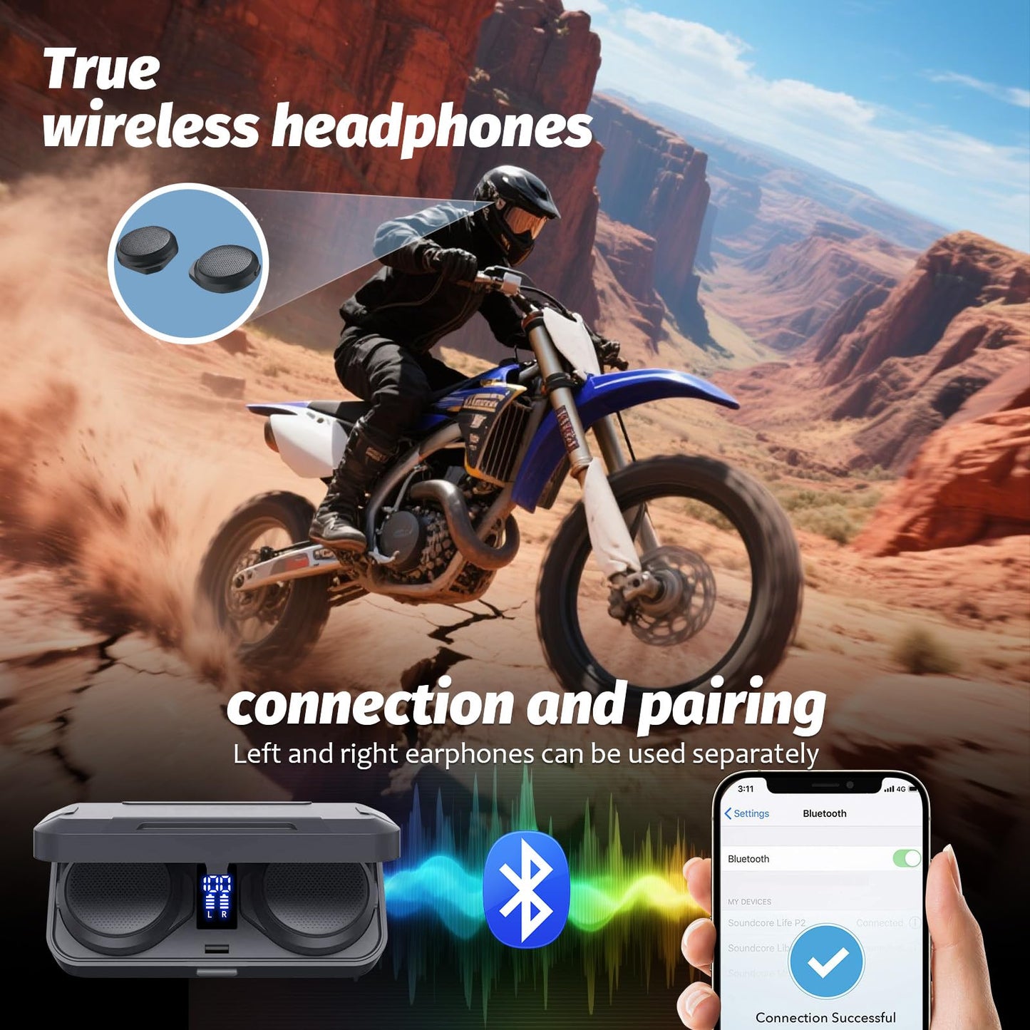 OBEST Motorcycle Bluetooth Headset with Charging Case, Helmet Bluetooth Speaker with Microphones & LED Display, 1900mAh Battery with 50Hours Work Time Wireless Headsets for Skiing and Riding