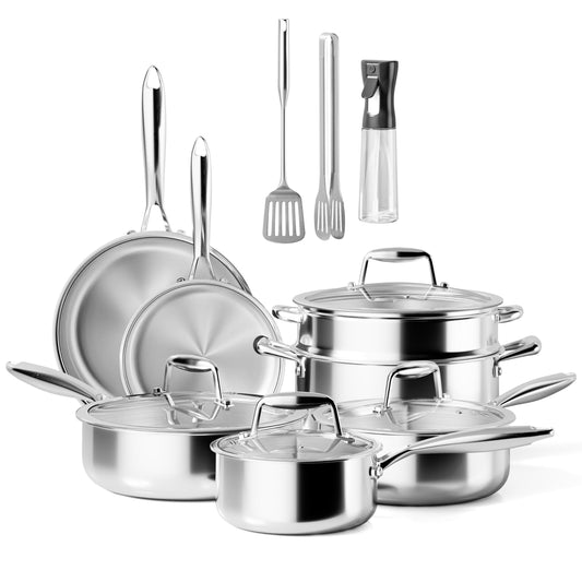 Stainless Steel Cookware Set - VONIKI Tri-ply Stainless Pots And Pans Set with Steamer Basket, Non Toxic Induction Cookware, Kitchen Cookware Sets PFOA & PTFE Free, Dishwasher and Oven Safe